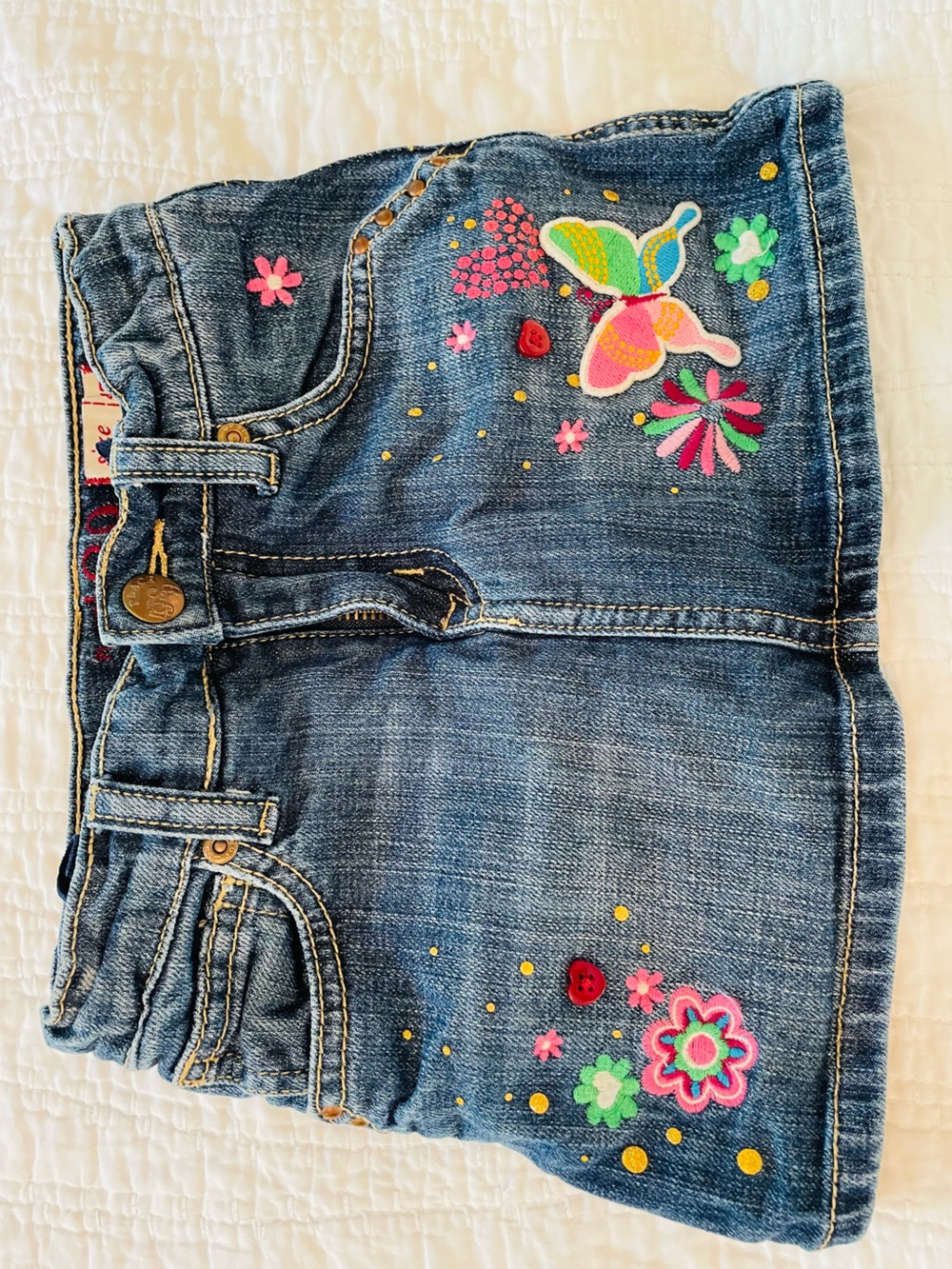 Girls Denim Skirt with Colorful Butterfly & Floral Embroidery - Blue